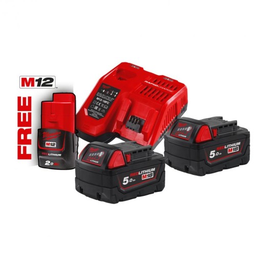 Набір акумулятора та зарядного пристрою Milwaukee NRG-502 12В 1х2А·год Redlithium M12, 18В 2х5А·год Redlithium M18, ЗП M12-18FC