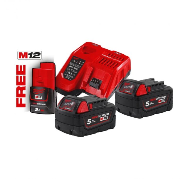 Набір акумулятора та зарядного пристрою Milwaukee NRG-502 12В 1х2А·год Redlithium M12, 18В 2х5А·год Redlithium M18, ЗП M12-18FC