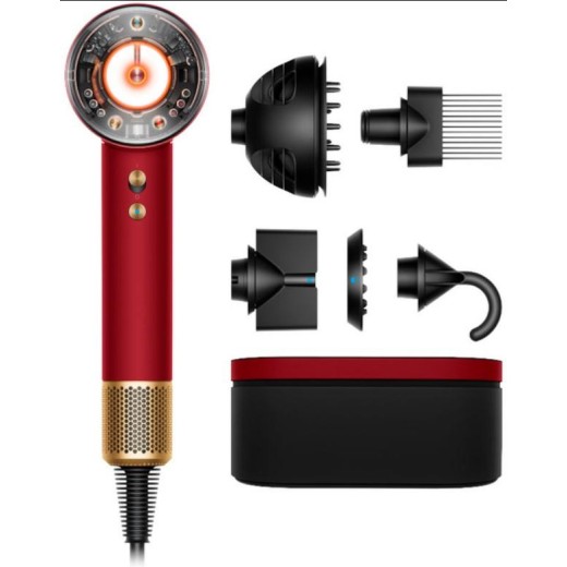 Фен Dyson HD16 Supersonic Nural Red Velvet/Gold, 1600Вт, 3 режими, іонізація, хол. обдув, кейс для зберігання, червоно-золотий