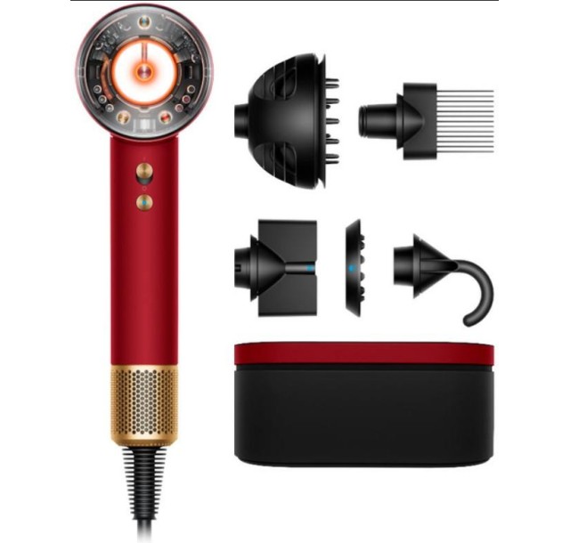 Фен Dyson HD16 Supersonic Nural Red Velvet/Gold, 1600Вт, 3 режими, іонізація, хол. обдув, кейс для зберігання, червоно-золотий