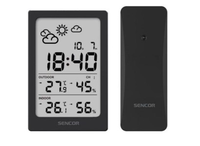 Метеостанція Sencor, внутр/зовн вимірювання, AAAx2+AAx2, темп-ра, вологість, час, чорний
