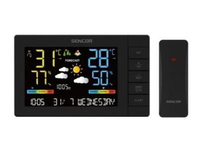 Метеостанція Sencor, внутр/зовн вимірювання, від мережі/AAx3+AAx2, темп-ра, вологість, час, прогноз погоди, атмосферний тиск, чорний