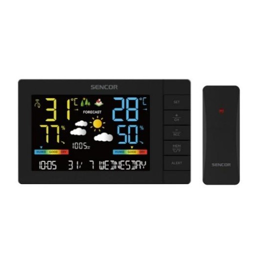 Метеостанція Sencor, внутр/зовн вимірювання, від мережі/AAx3+AAx2, темп-ра, вологість, час, прогноз погоди, атмосферний тиск, чорний