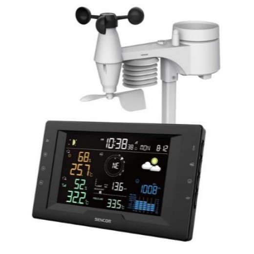 Метеостанція Sencor, внутр/зовн вимірювання, від мережі/CR2032x1+AAx3, темп-ра, вологість, час, прогноз погоди, атмосферний тиск, шв. вітру, чорний