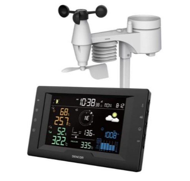 Метеостанція Sencor, внутр/зовн вимірювання, від мережі/CR2032x1+AAx3, темп-ра, вологість, час, прогноз погоди, атмосферний тиск, шв. вітру, чорний