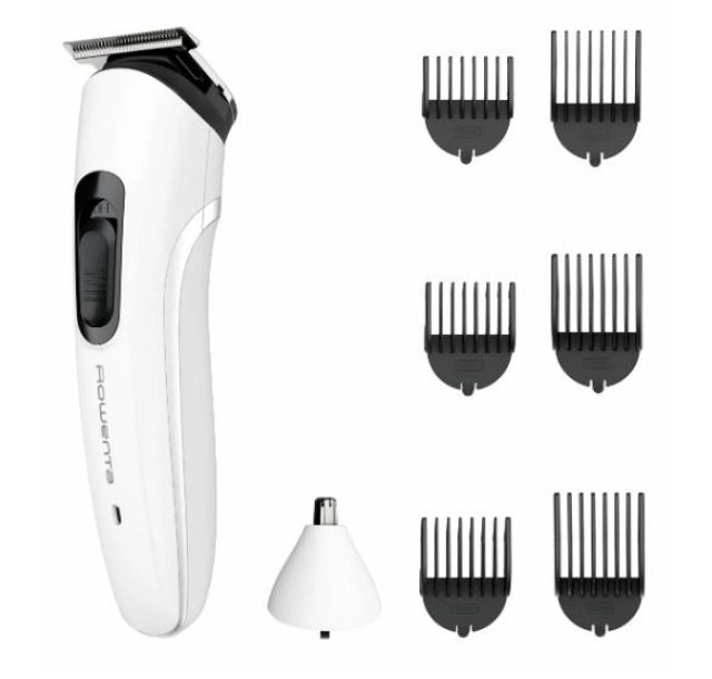 Тример Rowenta Trim&Style, для бороди, носа, вусів і голови, мережа+акум., насадок-7, сталь, білий