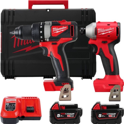 Набір із двох акумуляторних інструментів Milwaukee M18 BLPP2A3-502X 18В шурупокрут-дриль M18 BLPD2 гвинтоверт ударний M18 BLIDR акб М18 2х5А·год ЗП M12-18FC кей