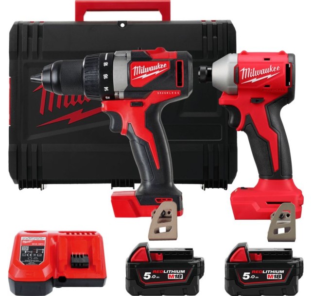 Набір із двох акумуляторних інструментів Milwaukee M18 BLPP2A3-502X 18В шурупокрут-дриль M18 BLPD2 гвинтоверт ударний M18 BLIDR акб М18 2х5А·год ЗП M12-18FC кей