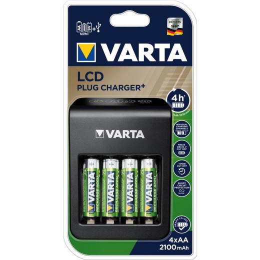 Зарядний пристрій VARTA LCD Plug Charger + Акумулятор NI-MH AA 2100 мАг, 4 шт.