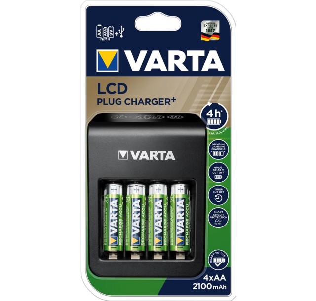 Зарядний пристрій VARTA LCD Plug Charger + Акумулятор NI-MH AA 2100 мАг, 4 шт.