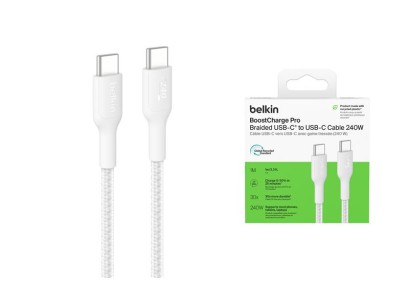 Кабель USB-C > USB-C заряджання/синхронізації Belkin 1м, 240Вт, Type-C, плетений, білий