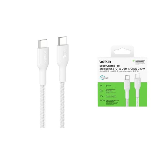 Кабель USB-C > USB-C заряджання/синхронізації Belkin 1м, 240Вт, Type-C, плетений, білий