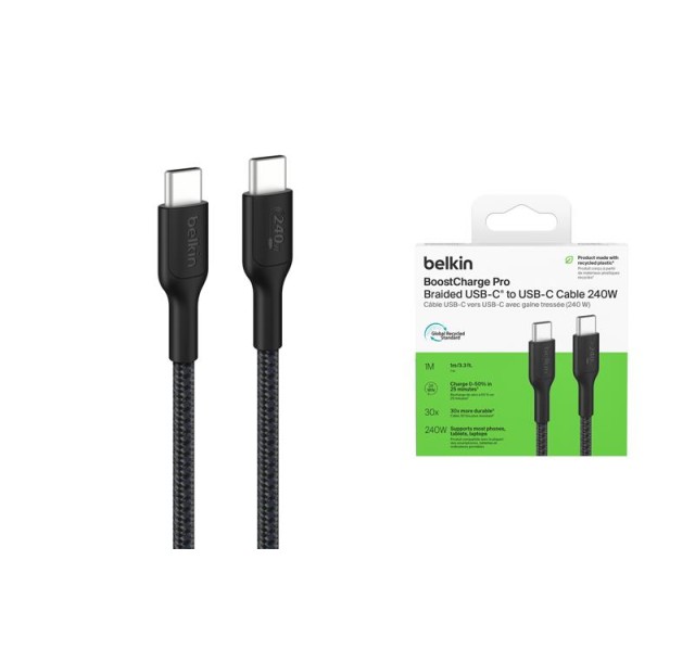 Кабель USB-C > USB-C заряджання/синхронізації Belkin 1м, 240Вт, Type-C, плетений, чорний