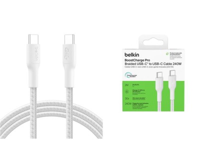 Кабель USB-C > USB-C заряджання/синхронізації Belkin 2м, 240Вт, Type-C, плетений, білий