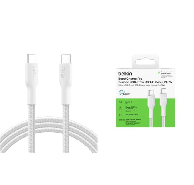 Кабель USB-C > USB-C заряджання/синхронізації Belkin 2м, 240Вт, Type-C, плетений, білий