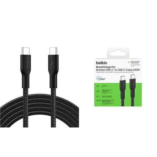 Кабель USB-C > USB-C заряджання/синхронізації Belkin 3м, 240Вт, Type-C, плетений, чорний