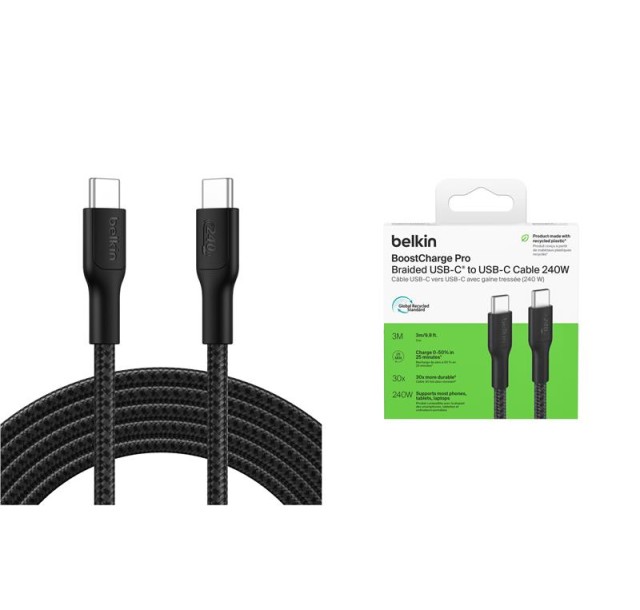 Кабель USB-C > USB-C заряджання/синхронізації Belkin 3м, 240Вт, Type-C, плетений, чорний