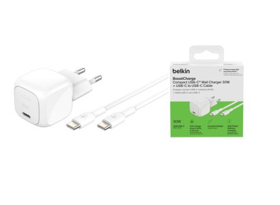 Зарядний пристрій мережевий Belkin 30Вт USB-С PD PPS, кабель USB-С > USB-C, 1м, PVC, білий