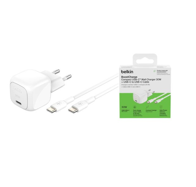 Зарядний пристрій мережевий Belkin 30Вт USB-С PD PPS, кабель USB-С > USB-C, 1м, PVC, білий