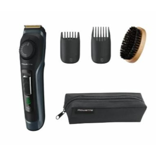 Тример Rowenta Virtuo, для бороди і вусів, мережа+акум., насадок-2, чохол, титан.напил., кейс для зберігання, чорно-синій