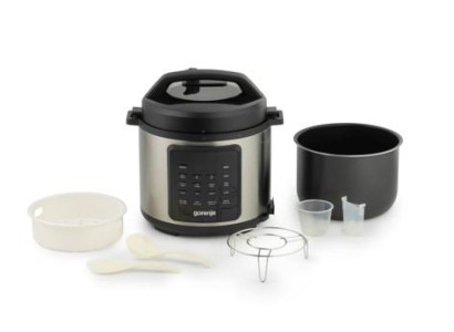 Мультиварка-скороварка Gorenje, 1000Вт, чаша-6л, електронне керув., 8 програм, метал/пластик, чорний-нерж