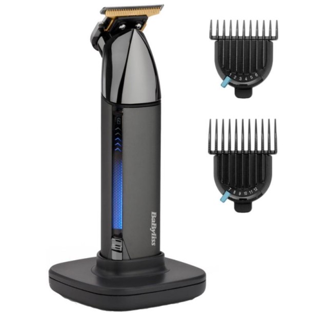 Тример Babyliss Super-X Metal Black Edition, для вусів та бороди, акум., насадок-2, кейс, підставка, сталь, чорно-сірий