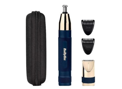 Тример Babyliss, для брів, вусів, носа та вух, 1хАА, насадок-3, чохол, сталь, синій