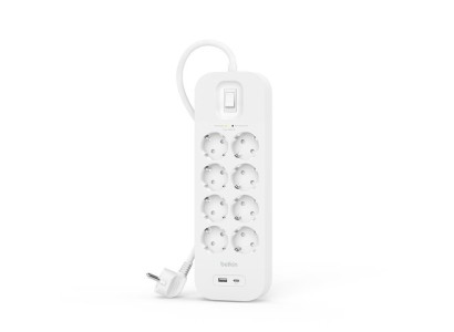 Подовжувач-фільтр мережевий Belkin 8хТип F, 3x1.5мм кв, 16А, USB-A/USB-C 18Вт, з захистом від перенапруги, 2м, білий