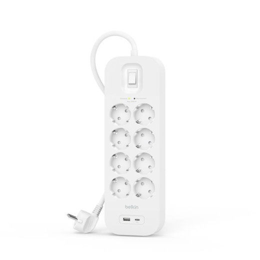 Подовжувач-фільтр мережевий Belkin 8хТип F, 3x1.5мм кв, 16А, USB-A/USB-C 18Вт, з захистом від перенапруги, 2м, білий