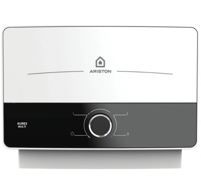 Водонагрівач електр. Ariston проточний AURES SM 7.7, 4,4л.хв, 7,7кВт, горизонтальний монтаж, мех. кер-ння, A, В'єтнам, біло-чорний