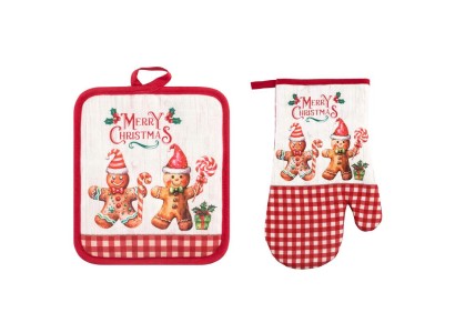 Набір прихваток для кухні Ardesto Christmas Gingerbread 18х20см, 18х30см, 100% поліестер (верх), 100% бавовна (низ), червоний