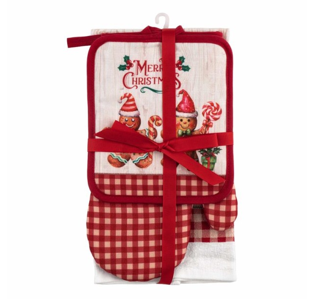 Подарунковий набір для кухні Ardesto Christmas Gingerbread, 3шт, 100% бавовна (рушничок), 100% поліестер (прихватки), червоний