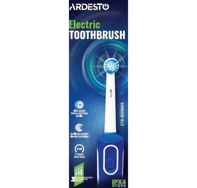 Щітка зубна електр. Ardesto, ETB-I009WB, 4,5т. колив/хв, насадок-3, IPX4, білий+синій