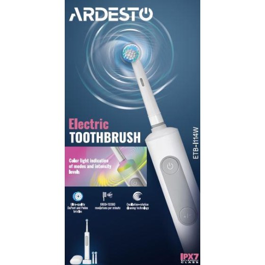 Щітка зубна електр. Ardesto, ETB-I114W, 10т. колив/хв, насадок-3, IPX7, білий