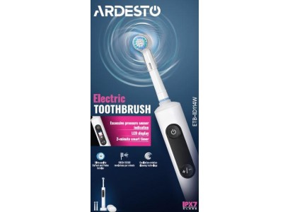 Щітка зубна електр. Ardesto, ETB-ID114W, 10т. колив/хв, насадок-3, з дісплеєм, IPX7, білий