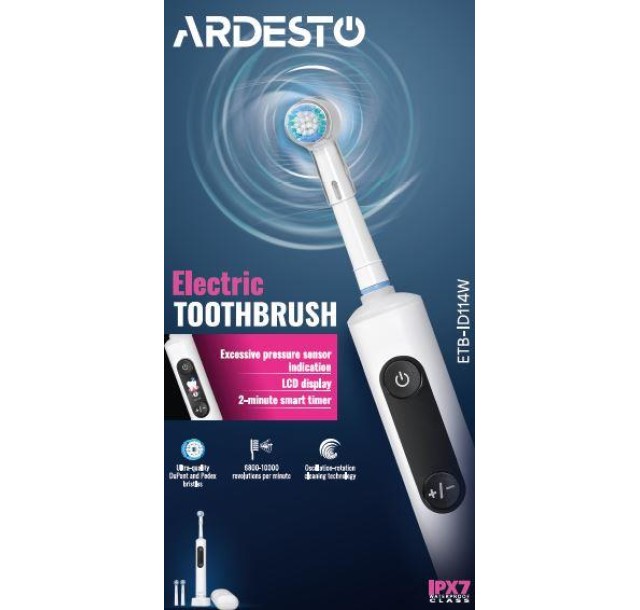 Щітка зубна електр. Ardesto, ETB-ID114W, 10т. колив/хв, насадок-3, з дісплеєм, IPX7, білий